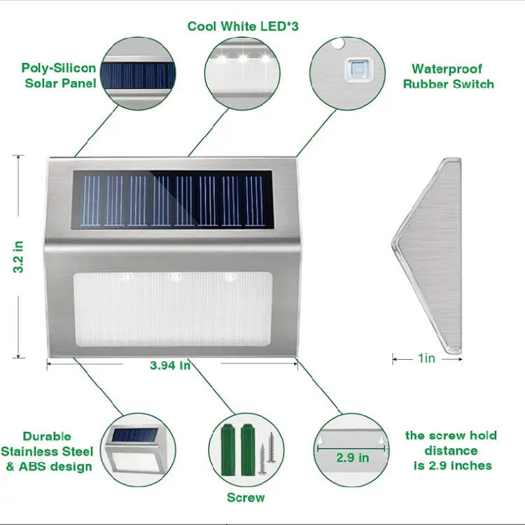 Luce solare in acciaio inossidabile esterna per balcone, giardino, recinzione 3 LED