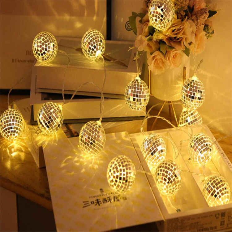 Lampada a corda a LED a sfera speculare d'argento per festa di decorazione natalizia Casa camera da letto interna