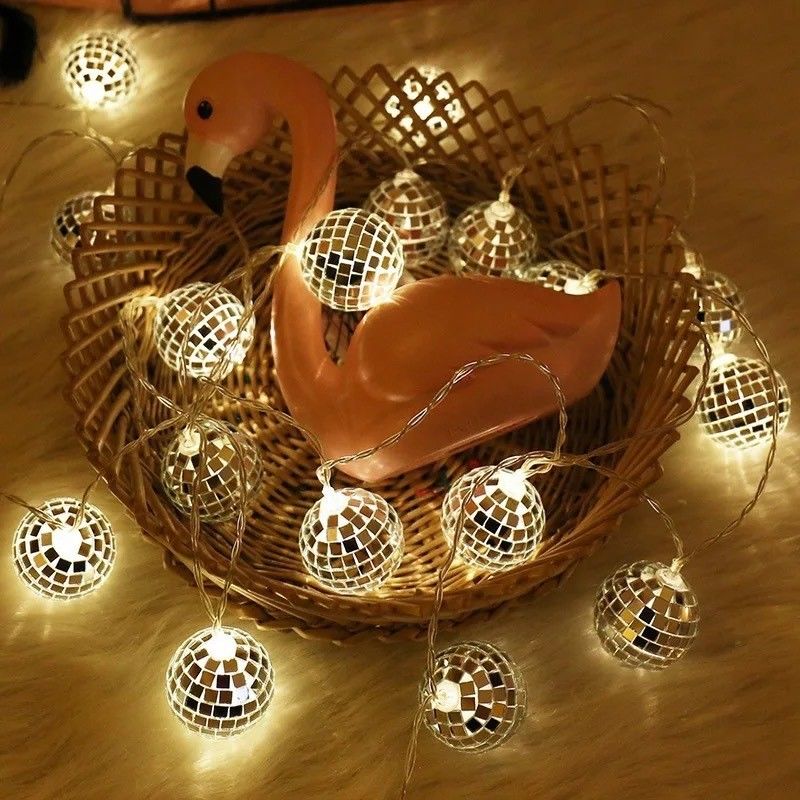 Lampada a corda a LED a sfera speculare d'argento per festa di decorazione natalizia Casa camera da letto interna