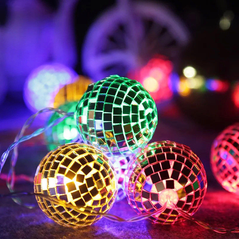 Lampada a corda a LED a sfera speculare d'argento per festa di decorazione natalizia Casa camera da letto interna